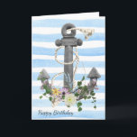 nautisch ankerboeket voor verjaardag kaart<br><div class="desc">Oude anker met touw en bloemboeket op blauw en wit gestreepte waterverf achtergrond</div>