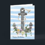 nautisch ankerboeket voor verjaardag kaart<br><div class="desc">Oude anker met touw en bloemboeket op blauw en wit gestreepte waterverf achtergrond</div>