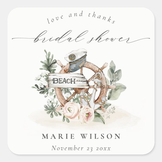 Nautisch ankerwiel bladrijke bloem bruiloftsdouche vierkante sticker (Voorkant)