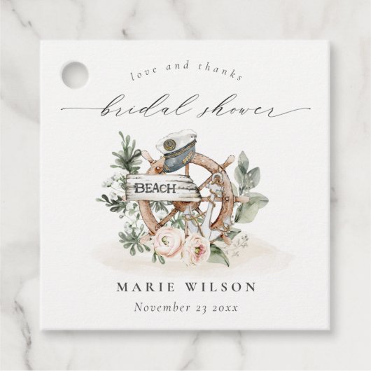 Nautisch ankerwiel bladrijke bloemrijke bruiloftsd bedankjes labels (Voorkant)