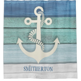 Nautisch Aqua Blauw Witte Vervallen Houten Anker Douchegordijn
