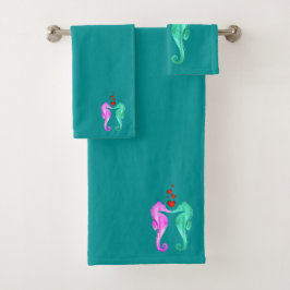 Nautisch aqua/roze/zogende zeepaarden/harten bad handdoek