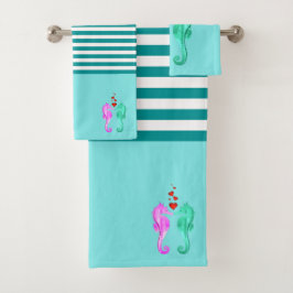 Nautisch aqua/roze/zogende zeepaarden/hartsbad bad handdoek