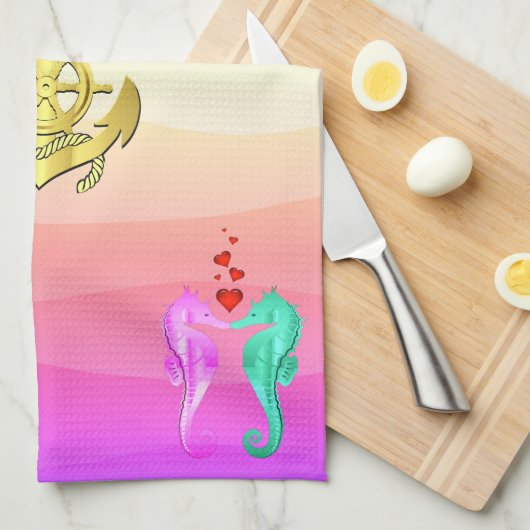 Nautisch aqua/roze/zogende zeepaarden/hartsbad theedoek (Quarter Fold)