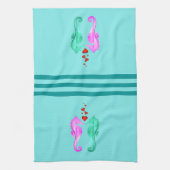 Nautisch aqua/roze/zogende zeepaarden/hartsbad theedoek (Verticaal)