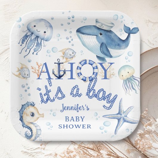 Nautisch Baby shower Ahoy het is een Boy Navy Blue Papieren Bordje