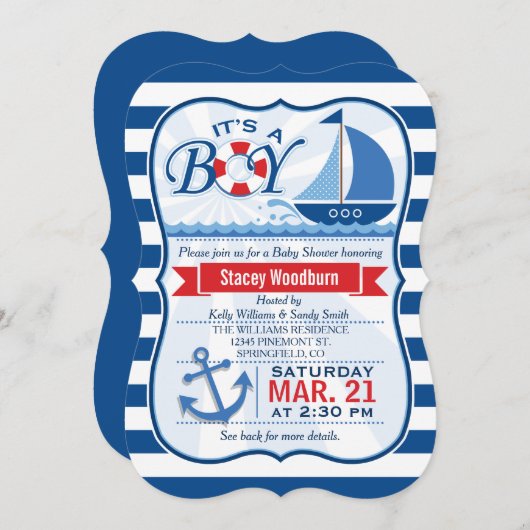 Nautisch Baby shower; Blauw & Wit Strepen Kaart (Voorkant / Achterkant)