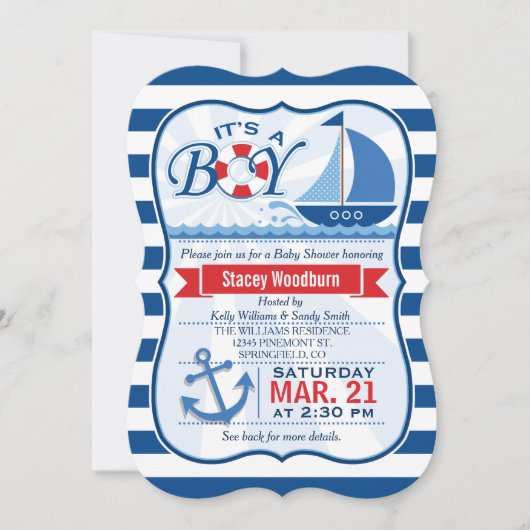 Nautisch Baby shower; Blauw & Wit Strepen Kaart (Voorkant)