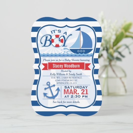 Nautisch Baby shower; Blauw & Wit Strepen Kaart (Staand voorkant)