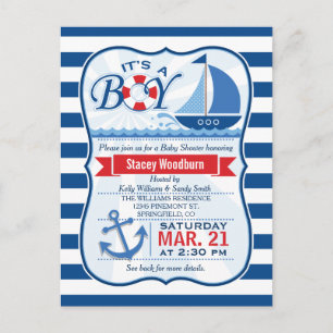 Nautisch Baby shower; Blauw & Wit Strepen Uitnodiging Briefkaart