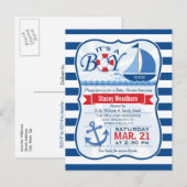 Nautisch Baby shower; Blauw & Wit Strepen Uitnodiging Briefkaart (Voorkant / Achterkant)