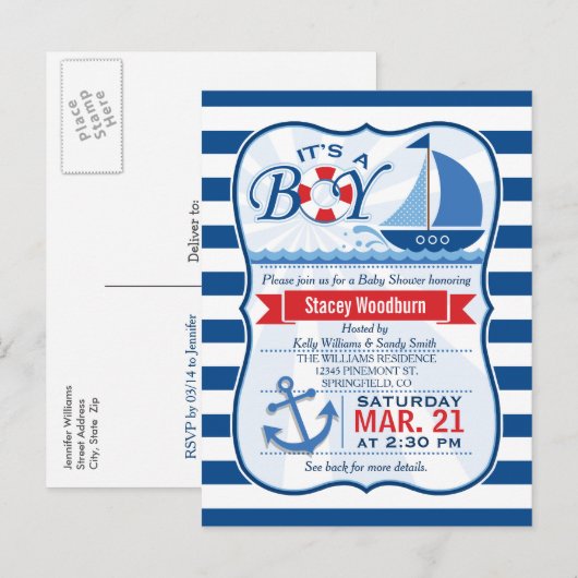Nautisch Baby shower; Blauw & Wit Strepen Uitnodiging Briefkaart (Voorkant / Achterkant)