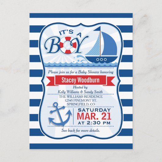 Nautisch Baby shower; Blauw & Wit Strepen Uitnodiging Briefkaart (Voorkant)