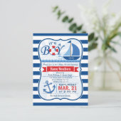 Nautisch Baby shower; Blauw & Wit Strepen Uitnodiging Briefkaart (Staand voorkant)