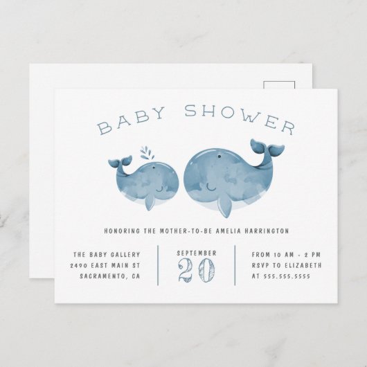 Nautisch Baby shower blauwe Waterverf walvis Uitnodiging Briefkaart (Voorkant / Achterkant)