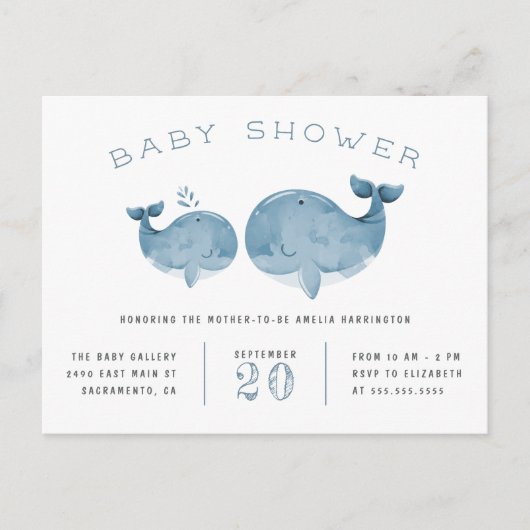 Nautisch Baby shower blauwe Waterverf walvis Uitnodiging Briefkaart (Voorkant)