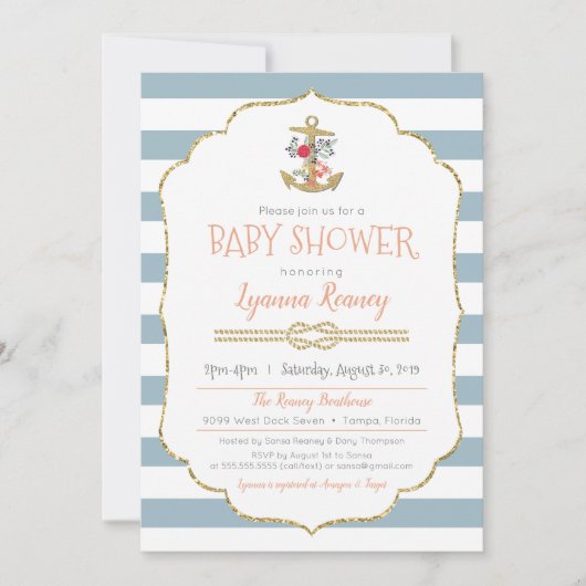 nautisch Baby shower bloemenankeruitnodiging Kaart (Voorkant)