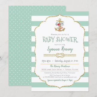 Nautisch Baby shower Floral Anchor Mint Green Kaart