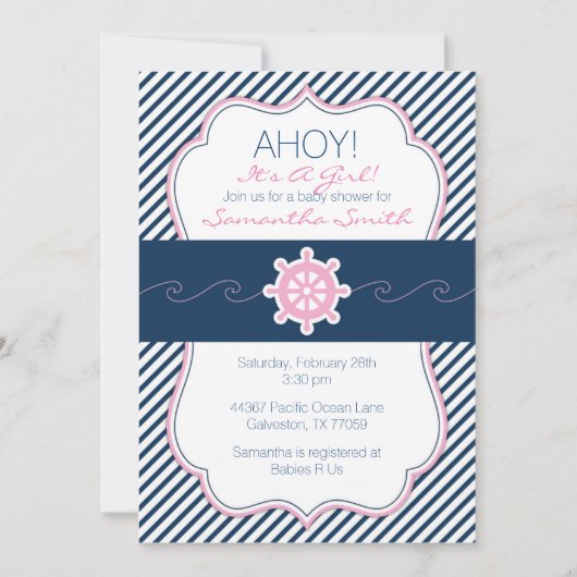 Nautisch Baby shower Invitation-Navy blauw en roze Kaart (Voorkant)