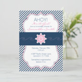 Nautisch Baby shower Invitation-Navy blauw en roze Kaart (Staand voorkant)