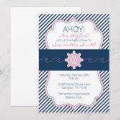 Nautisch Baby shower Invitation-Navy blauw en roze Kaart (Voorkant / Achterkant)