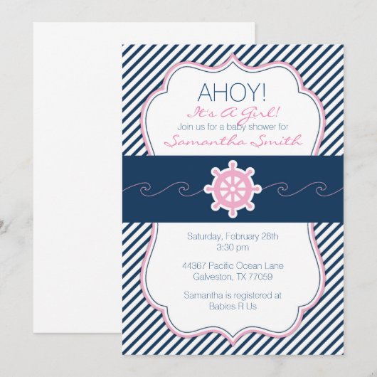 Nautisch Baby shower Invitation-Navy blauw en roze Kaart (Voorkant / Achterkant)