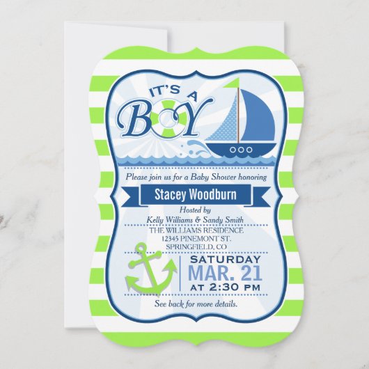 Nautisch Baby shower; Lime Green & Blue Kaart (Voorkant)