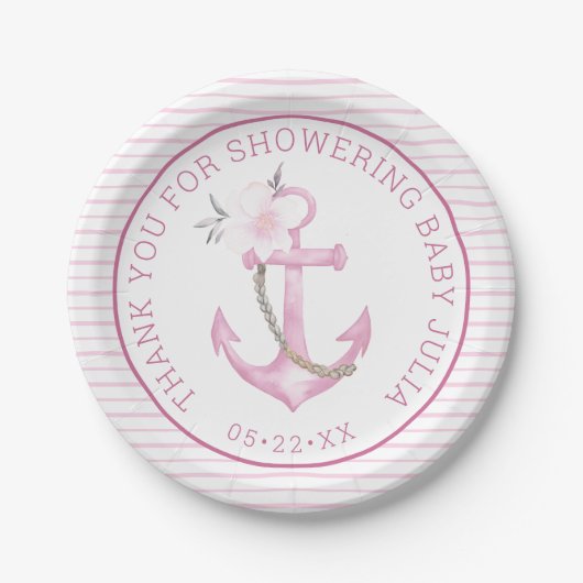 Nautisch Baby shower papier Borden | Roze anker Th Papieren Bordje (Voorkant)