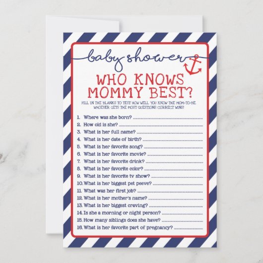 Nautisch Baby shower spel die mama het beste kent Kaart (Voorkant)
