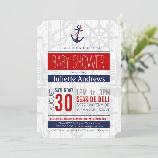 Nautisch Baby shower Uitnodiging, Boy Blue Red Aho Kaart (Staand voorkant)