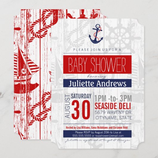 Nautisch Baby shower Uitnodiging, Boy Blue Red Aho Kaart (Voorkant / Achterkant)