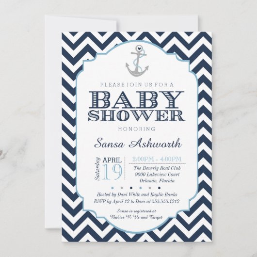 Nautisch Baby shower Uitnodiging, Chevron boy blau Kaart (Voorkant)