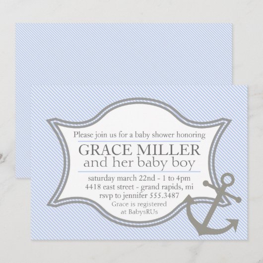 Nautisch Baby shower Uitnodiging lichtblauw & grij (Voorkant / Achterkant)