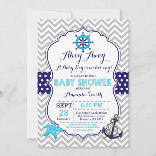 Nautisch Baby shower Uitnodiging Navy Blue Grey (Voorkant)