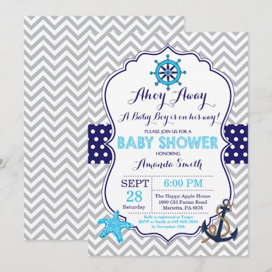 Nautisch Baby shower Uitnodiging Navy Blue Grey (Voorkant / Achterkant)