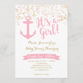 Nautisch Baby shower Uitnodiging - Roze en Goud