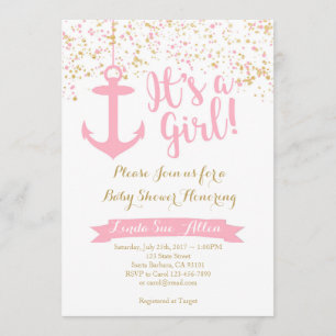 Nautisch Baby shower Uitnodiging - Roze en goud