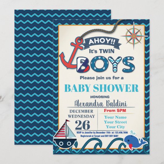 Nautisch Baby shower Uitnodiging Twins (Voorkant / Achterkant)