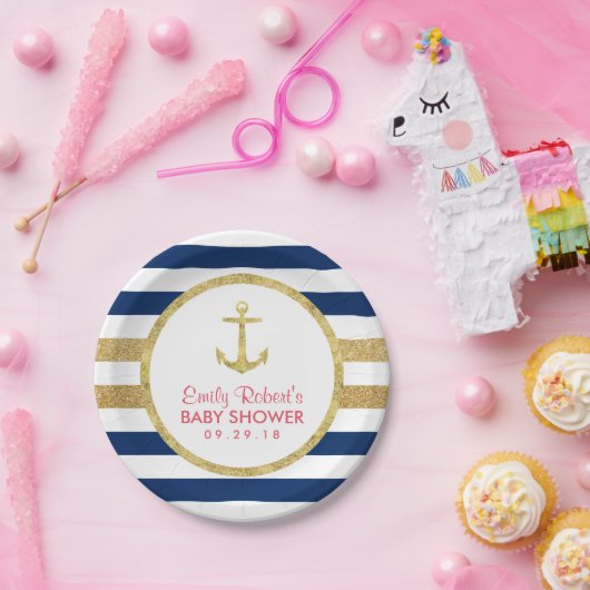 Nautisch Baby shower van de goudankerschaar Papieren Bordje (Feest)