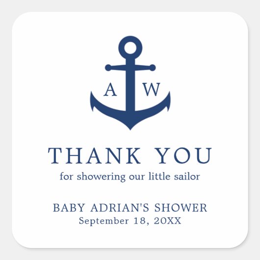 Nautisch Baby shower van Navy Blue Anchor Cute Boy Vierkante Sticker (Voorkant)
