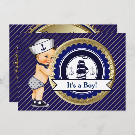 Nautisch Baby shower voor Navy en Gold Kaart (Voorkant / Achterkant)