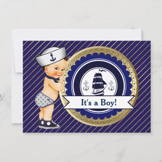 Nautisch Baby shower voor Navy en Gold Kaart (Voorkant)