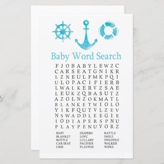 Nautisch Baby shower Word-zoekspel (Voorkant / Achterkant)