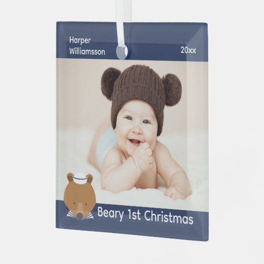 Nautisch Beer Foto Baby eerste kerst Glas Ornament (Voorkant links)