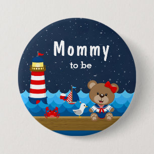 Nautisch Beer Meisje Rood en Marine Mama in Spe Ronde Button 7,6 Cm