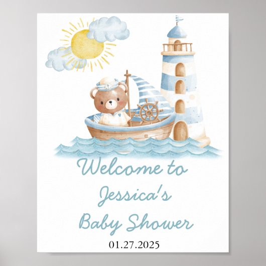 Nautisch Beer Waterverf Boat Baby shower Welkom Poster (Voorkant)