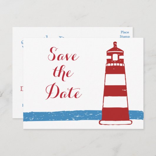 Nautisch Bewaar De Datum Vuurtoren Rood Blauw Huwe Aankondigingskaart (Voorkant / Achterkant)