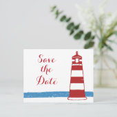 Nautisch Bewaar De Datum Vuurtoren Rood Blauw Huwe Aankondigingskaart (Staand voorkant)