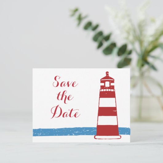 Nautisch Bewaar De Datum Vuurtoren Rood Blauw Huwe Aankondigingskaart (Staand voorkant)