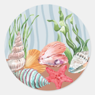 Nautisch Blau Tropisch Strand Watercolor Zeeschelp Ronde Sticker